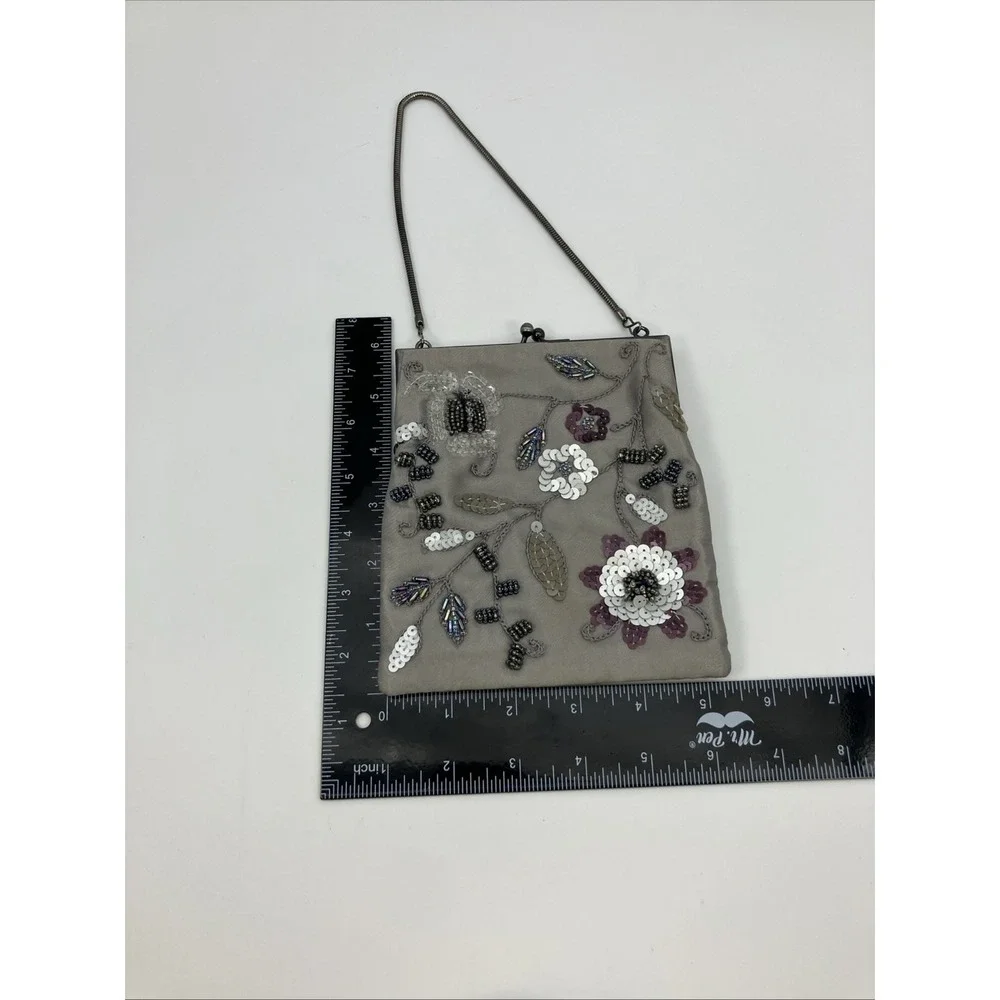 Vtg Elan Beaded Floral Mini‎ Purse Satin Gray Purple Kiss Lock Evening Bag Party